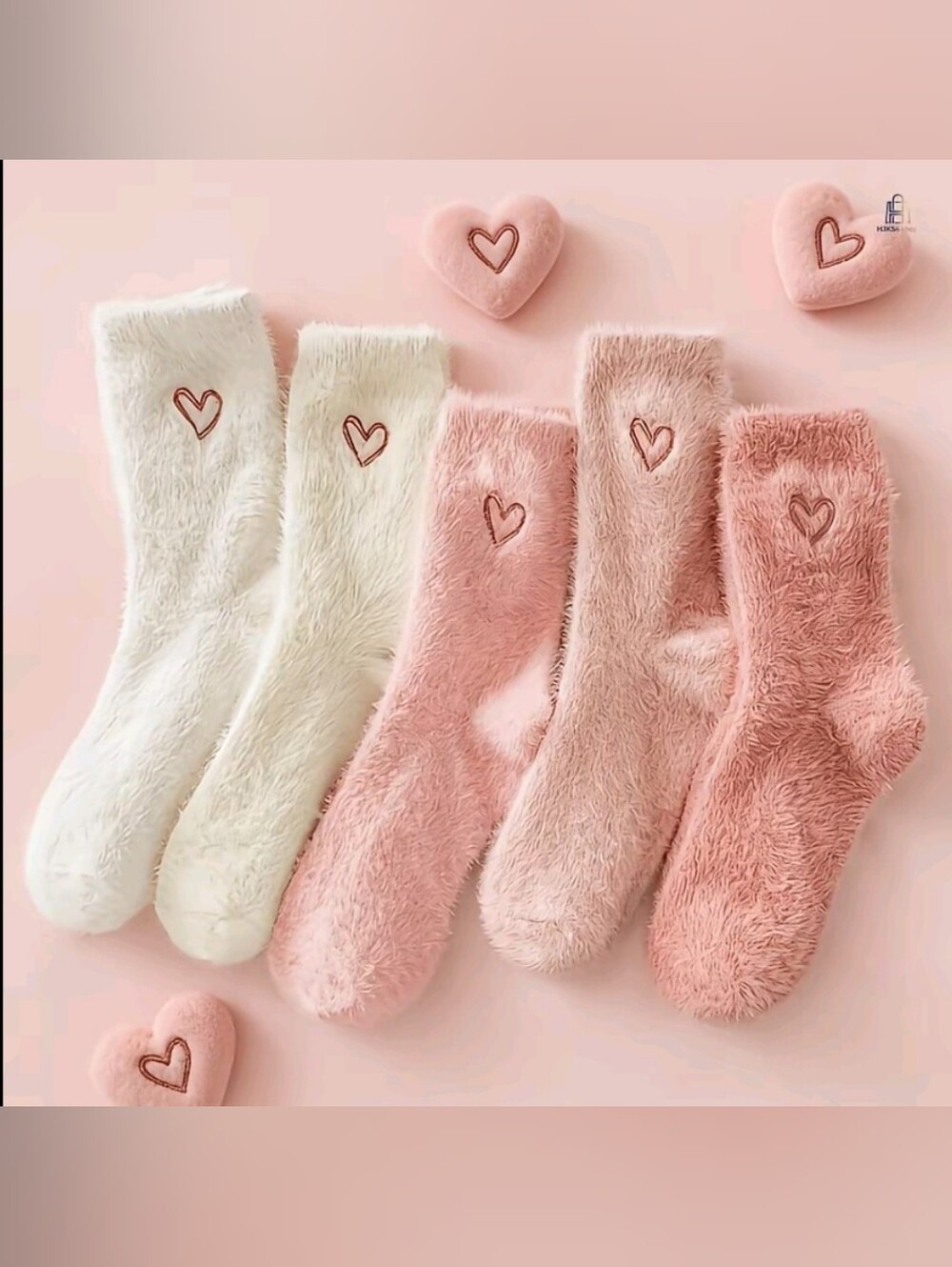 Cozy Heart Fuzzy Socks - Pastel Pink & Cream